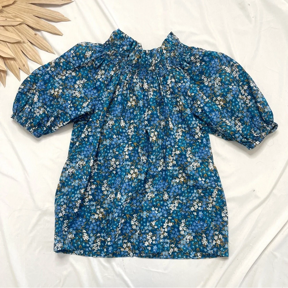 J. Crew Liberty London Floral Smocked Neck Puff Sleeve Sea Blossoms Blouse Top
